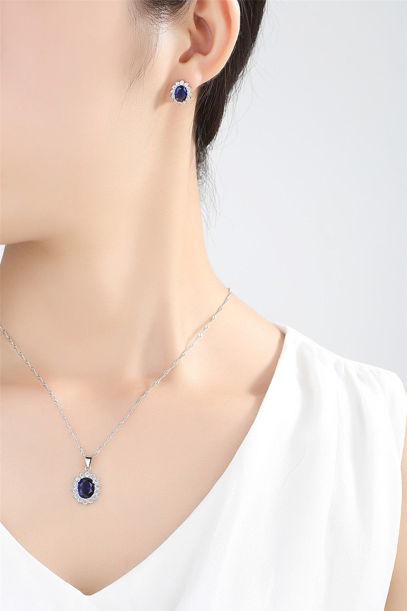 Luxury Lab Sapphire Ring Earrings Necklace Set Tibetan Silver Jewelry