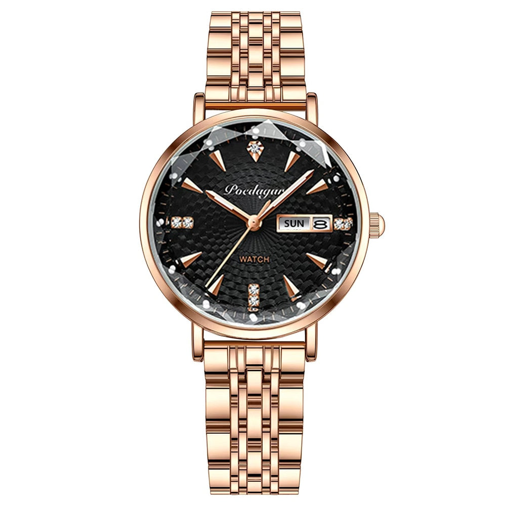 POEDAGAR Women's New Fashion Luxury Stainless Steel Bracelet Simple Rose Gold Waterproof Luminous Watches