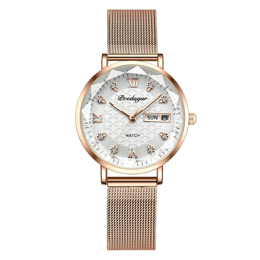 POEDAGAR Women's New Fashion Luxury Stainless Steel Bracelet Simple Rose Gold Waterproof Luminous Watches