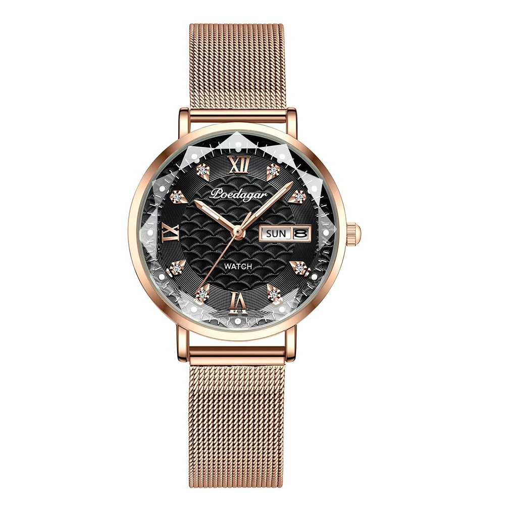 POEDAGAR Women's New Fashion Luxury Stainless Steel Bracelet Simple Rose Gold Waterproof Luminous Watches