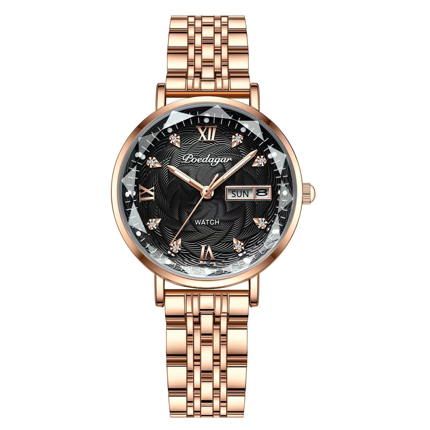 POEDAGAR Women's New Fashion Luxury Stainless Steel Bracelet Simple Rose Gold Waterproof Luminous Watches