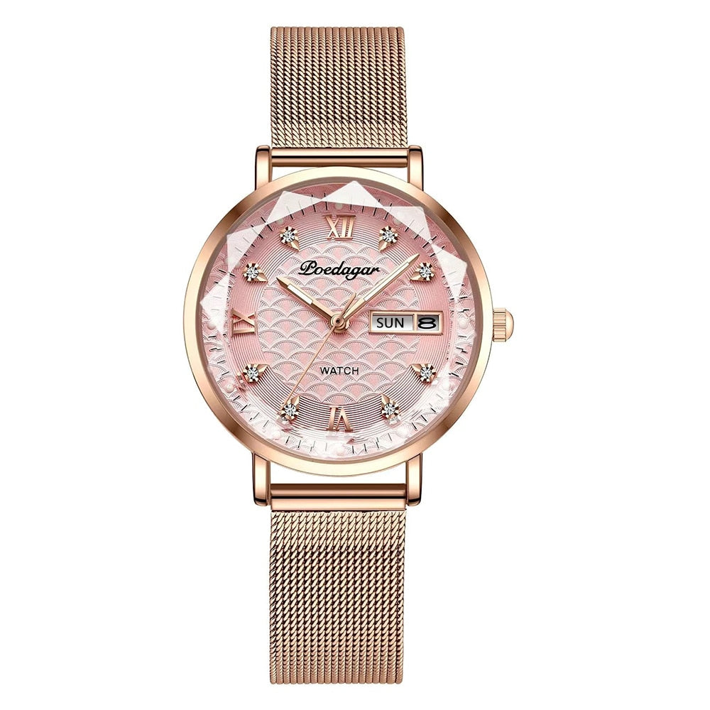 POEDAGAR Women's New Fashion Luxury Stainless Steel Bracelet Simple Rose Gold Waterproof Luminous Watches