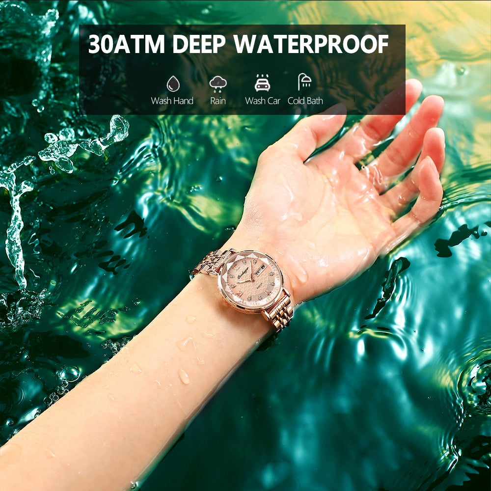 POEDAGAR Women's New Fashion Luxury Stainless Steel Bracelet Simple Rose Gold Waterproof Luminous Watches