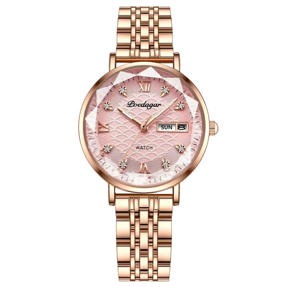 POEDAGAR Women's New Fashion Luxury Stainless Steel Bracelet Simple Rose Gold Waterproof Luminous Watches