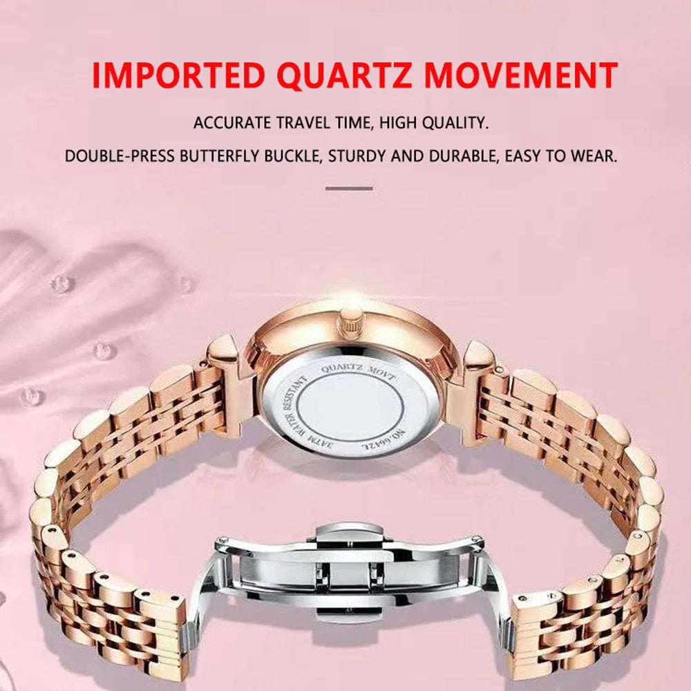 POEDAGAR Women's New Fashion Luxury Stainless Steel Bracelet Simple Rose Gold Waterproof Luminous Watches