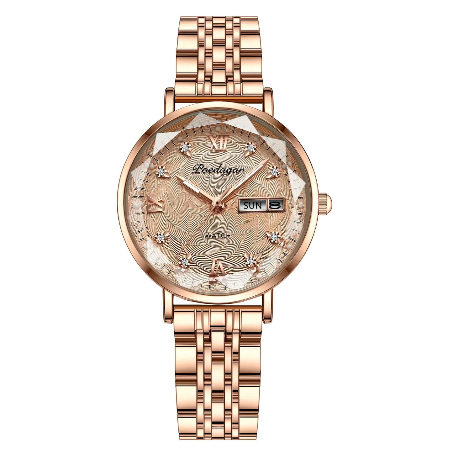 POEDAGAR Women's New Fashion Luxury Stainless Steel Bracelet Simple Rose Gold Waterproof Luminous Watches