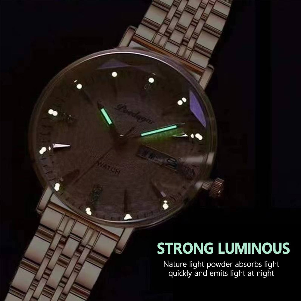 POEDAGAR Women's New Fashion Luxury Stainless Steel Bracelet Simple Rose Gold Waterproof Luminous Watches