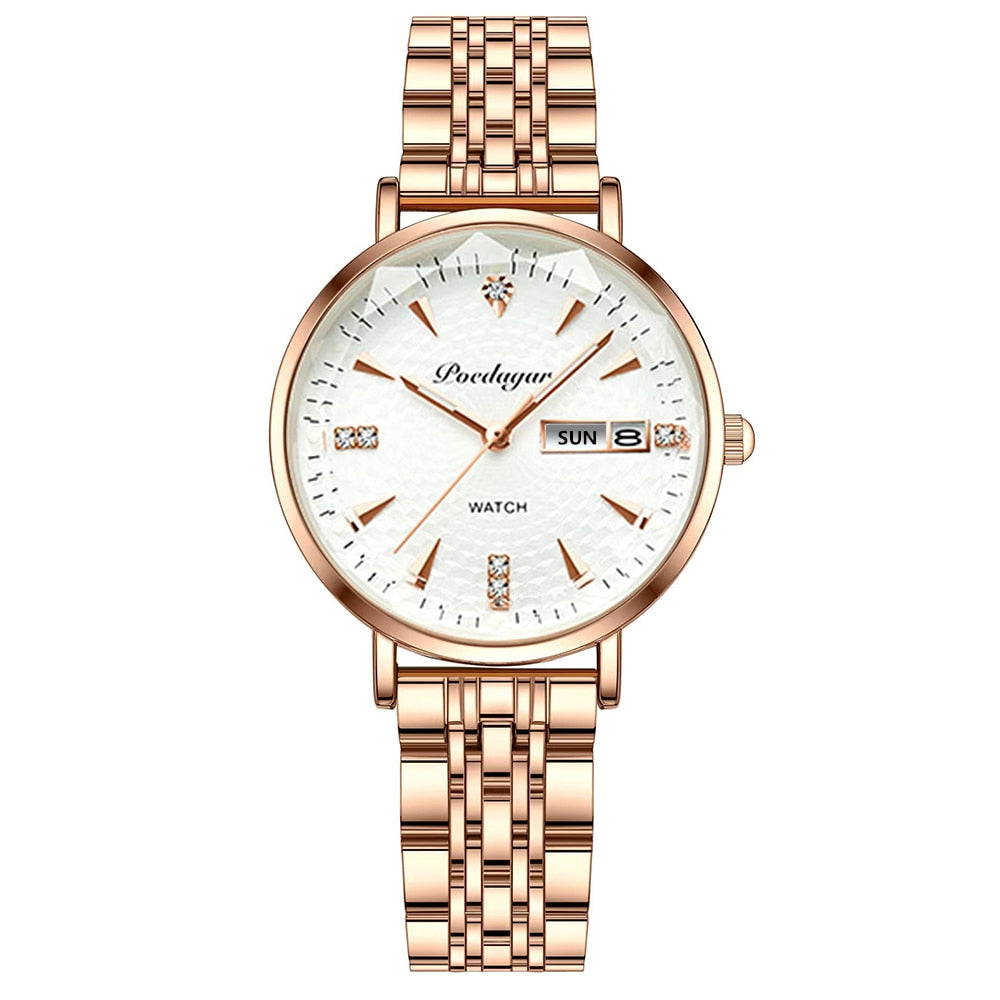 POEDAGAR Women's New Fashion Luxury Stainless Steel Bracelet Simple Rose Gold Waterproof Luminous Watches