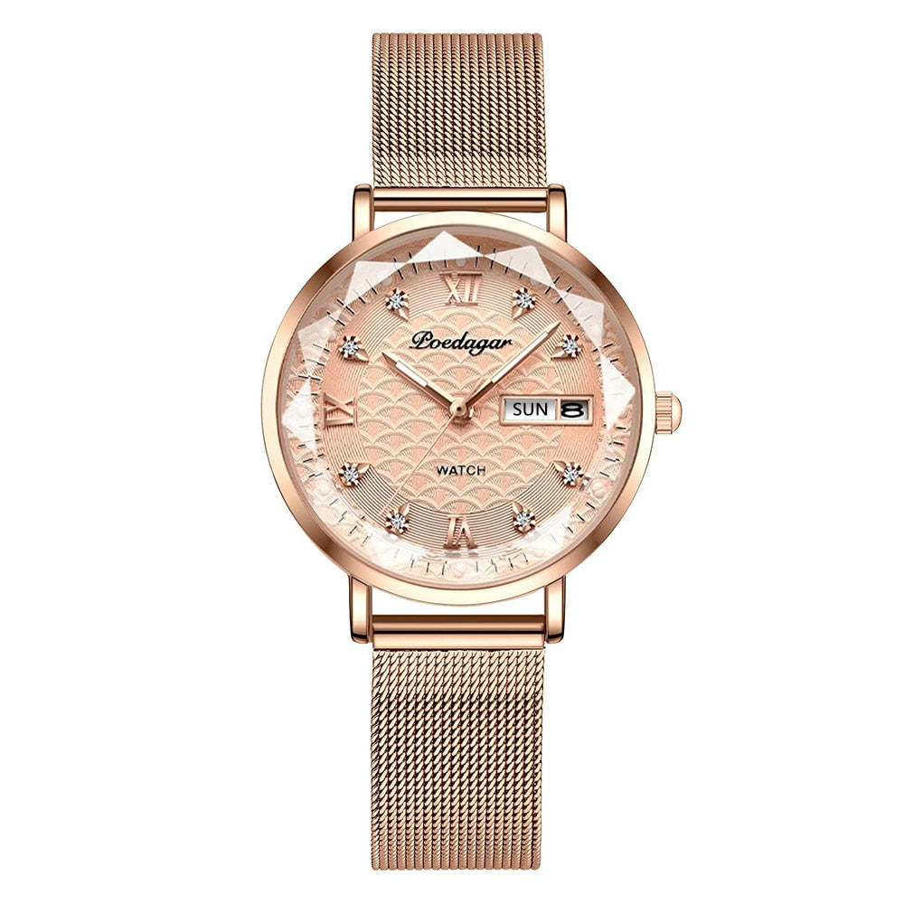 POEDAGAR Women's New Fashion Luxury Stainless Steel Bracelet Simple Rose Gold Waterproof Luminous Watches