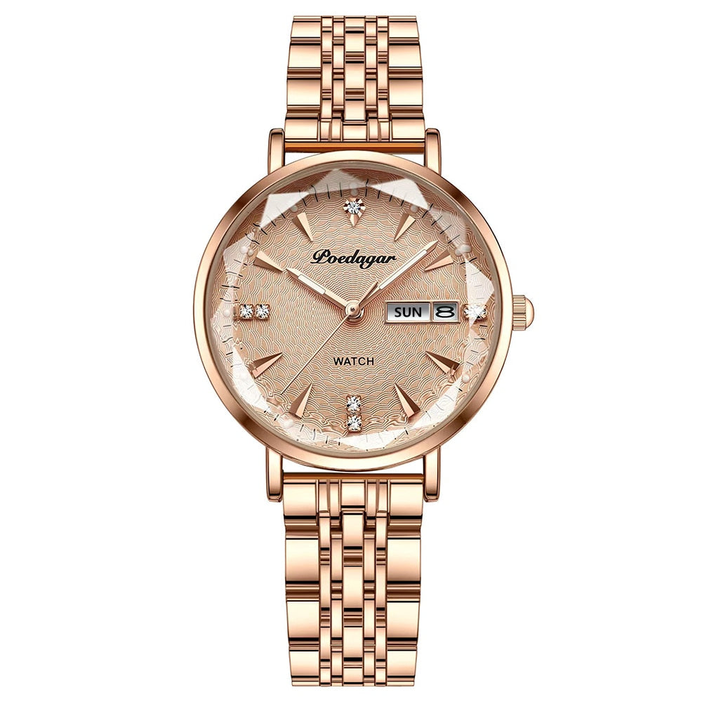 POEDAGAR Women's New Fashion Luxury Stainless Steel Bracelet Simple Rose Gold Waterproof Luminous Watches