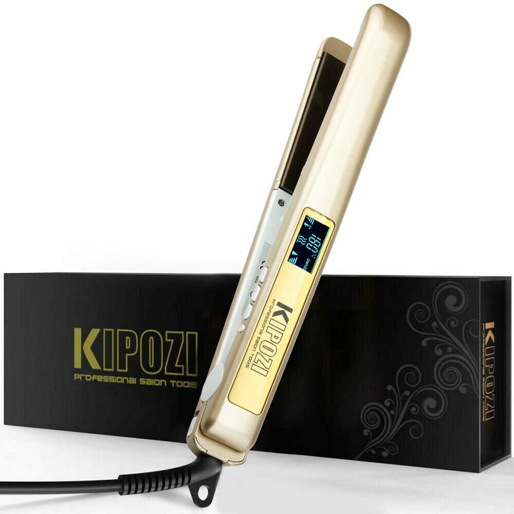 KIPOZI Professional Titanium Dual Voltage Instant Heating Flat Iron 2 In 1 Hair Curler LCD Digital Display