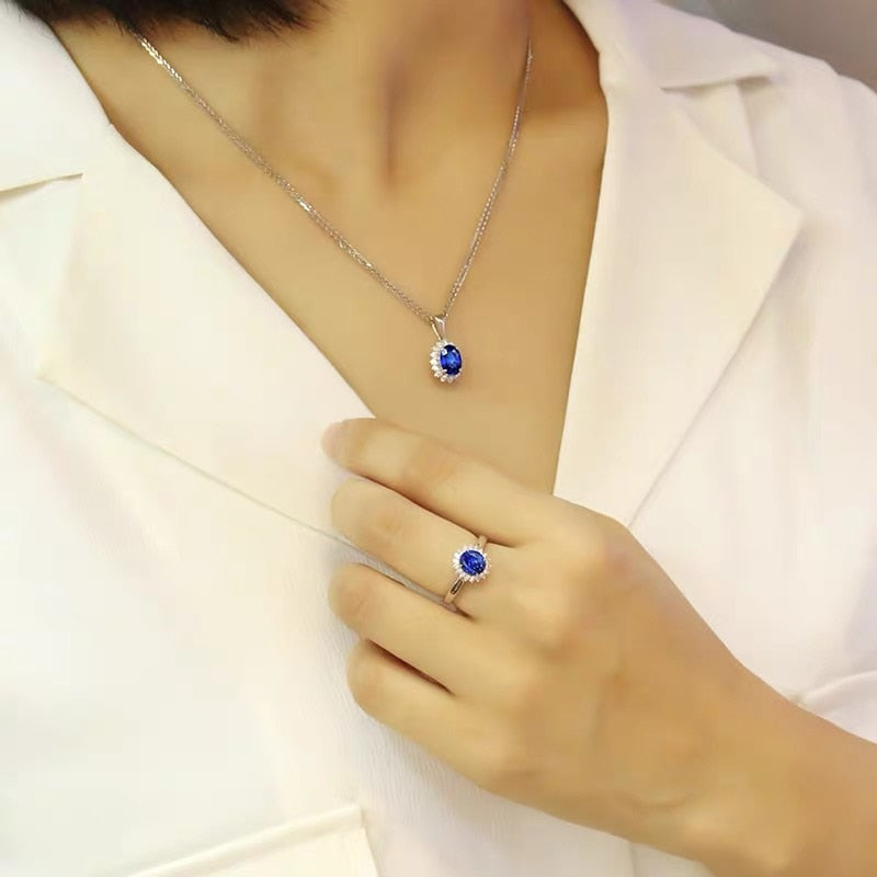 Luxury Lab Sapphire Ring Earrings Necklace Set Tibetan Silver Jewelry