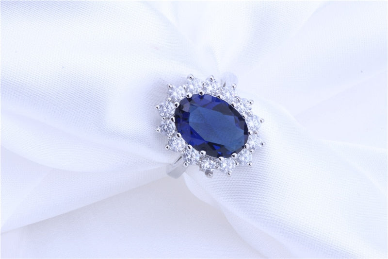 Luxury Lab Sapphire Ring Earrings Necklace Set Tibetan Silver Jewelry