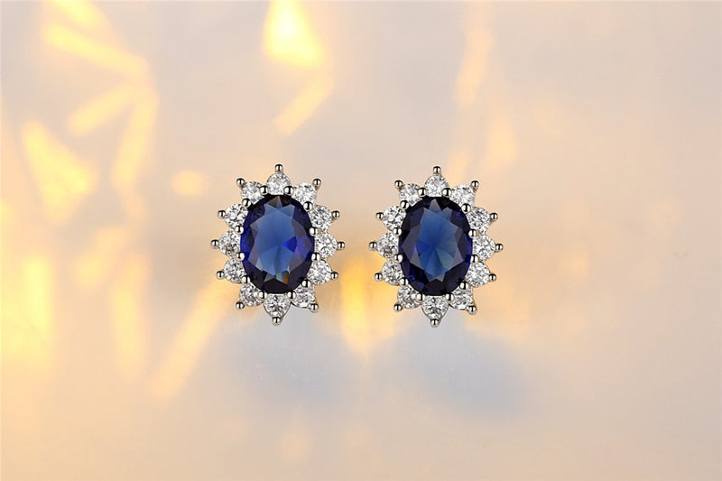 Luxury Lab Sapphire Ring Earrings Necklace Set Tibetan Silver Jewelry