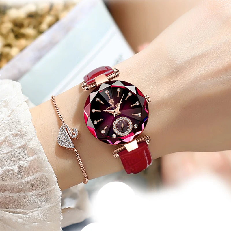 POEDAGAR Waterproof Ladies Leather Band Quartz Watch
