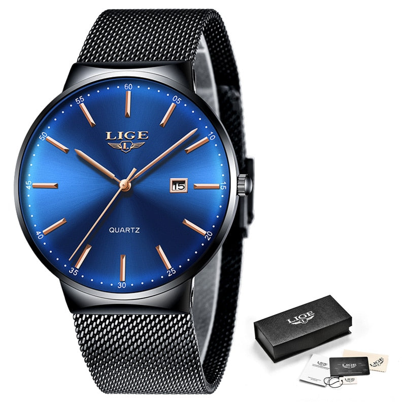 LIGE Ultra Thin Waterproof Date Quartz Men's Fashion Wrist Watch