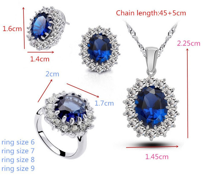 Luxury Lab Sapphire Ring Earrings Necklace Set Tibetan Silver Jewelry