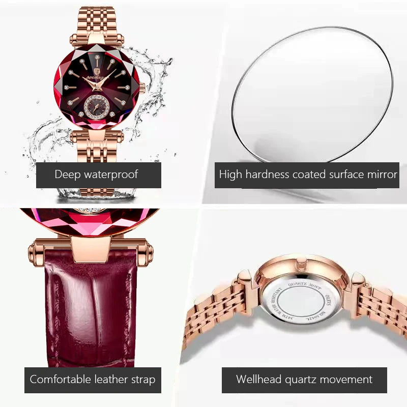 POEDAGAR Waterproof Ladies Leather Band Quartz Watch