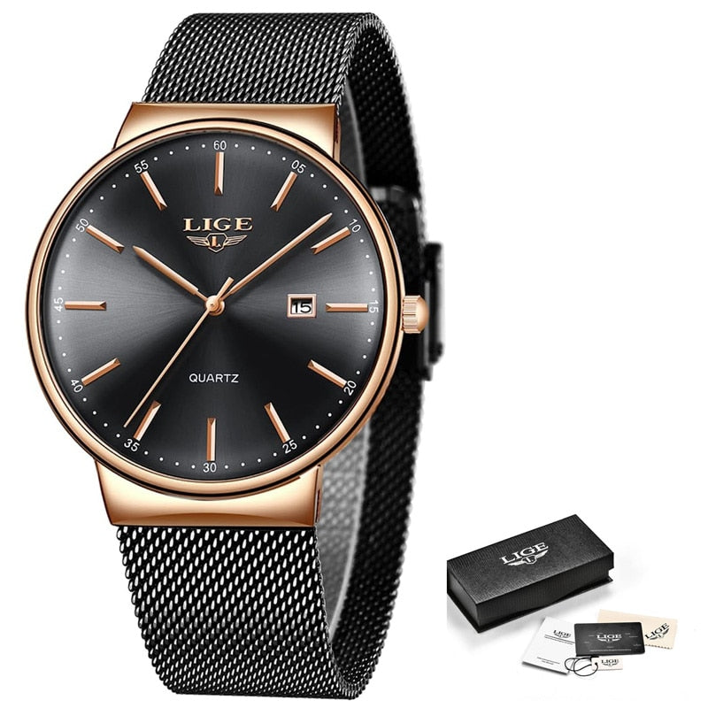 LIGE Ultra Thin Waterproof Date Quartz Men's Fashion Wrist Watch