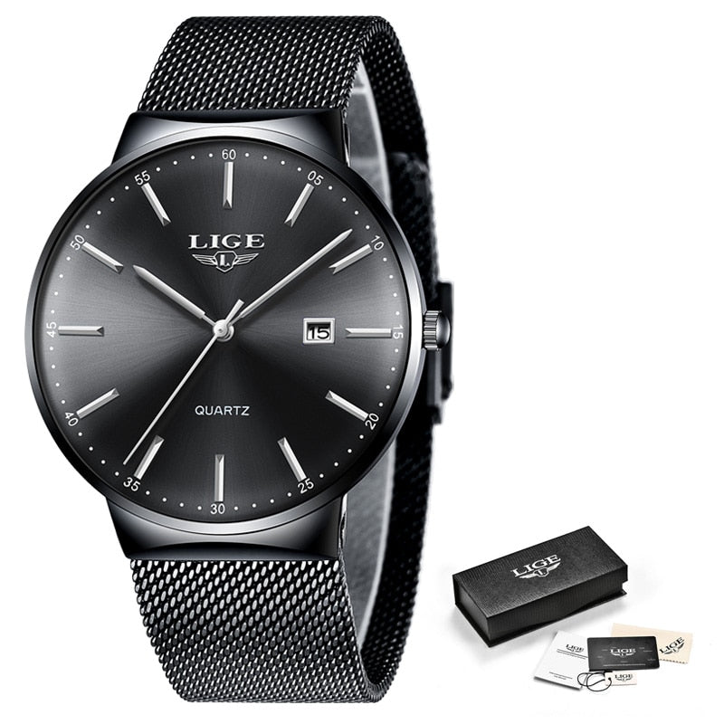 LIGE Ultra Thin Waterproof Date Quartz Men's Fashion Wrist Watch