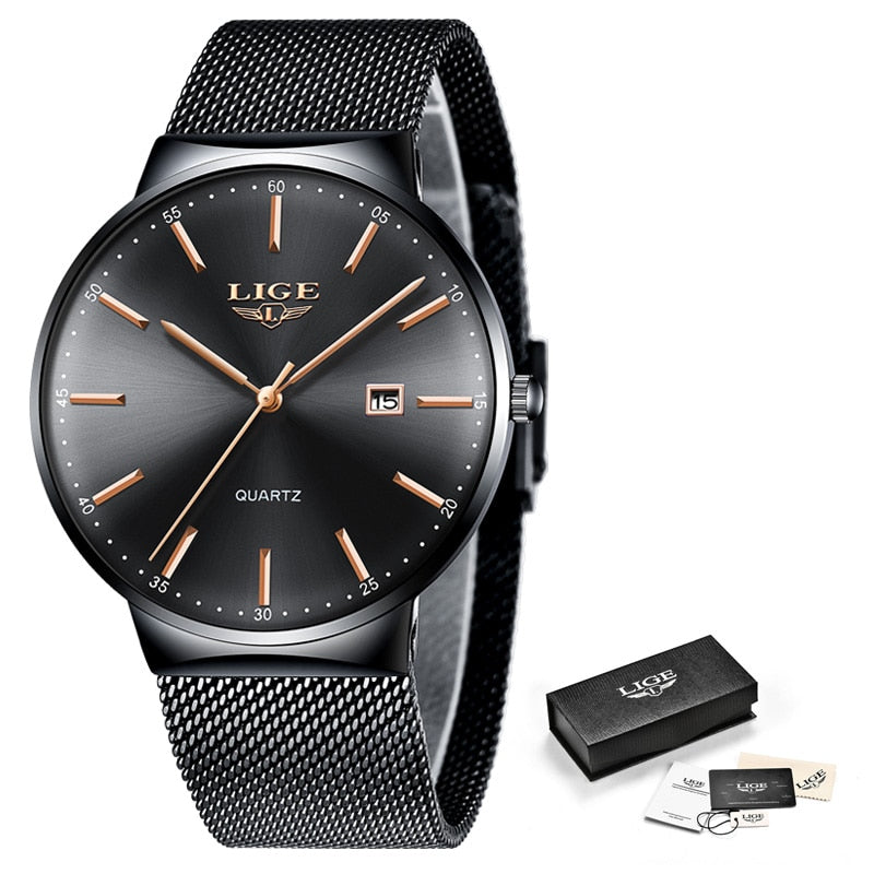 LIGE Ultra Thin Waterproof Date Quartz Men's Fashion Wrist Watch