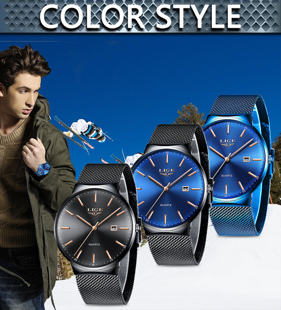 LIGE Ultra Thin Waterproof Date Quartz Men's Fashion Wrist Watch