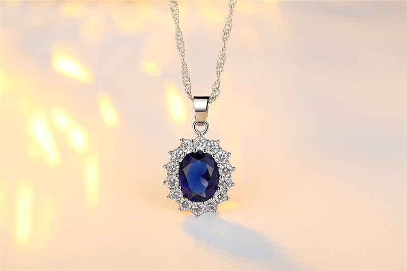Luxury Lab Sapphire Ring Earrings Necklace Set Tibetan Silver Jewelry