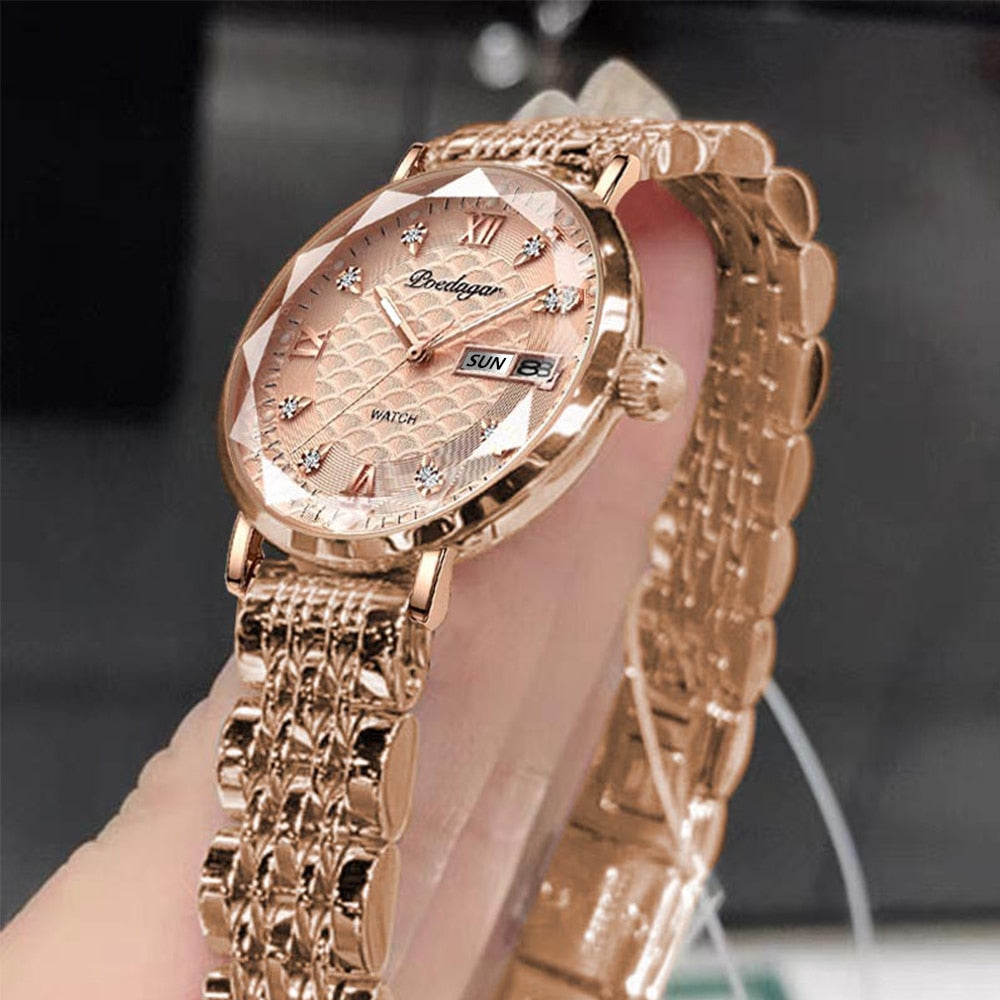 POEDAGAR Women's New Fashion Luxury Stainless Steel Bracelet Simple Rose Gold Waterproof Luminous Watches