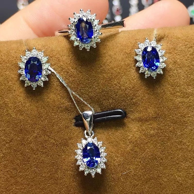 Luxury Lab Sapphire Ring Earrings Necklace Set Tibetan Silver Jewelry