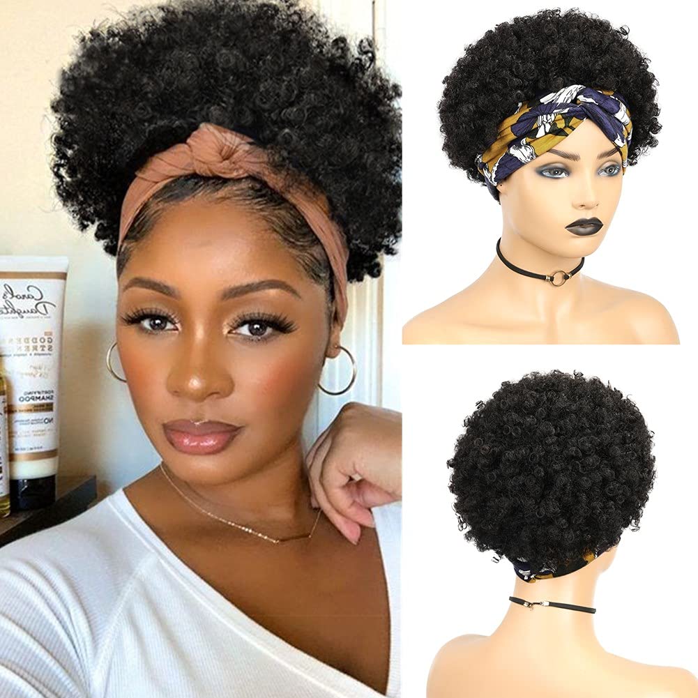 Curly Afro Puff Half Hair Up-do Brazilian Remy Human Hair Headband/ Turban Wrap-wigs