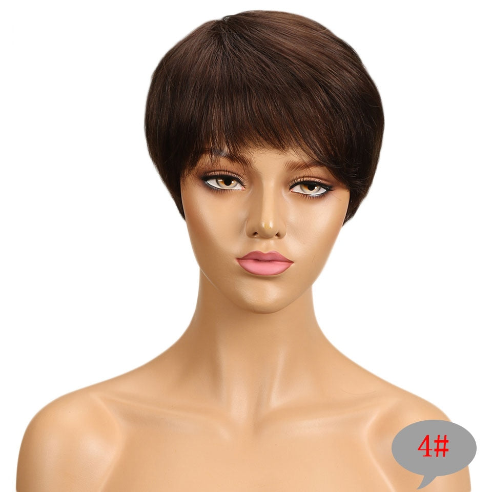 Trueme Short Straight Human Hair Pixie Cut Brazilian Ombre/ Brown/ Red/ Grey Wigs