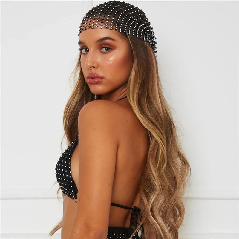 Fishnet Plaid Bling Rhinestone Women Head Scarf