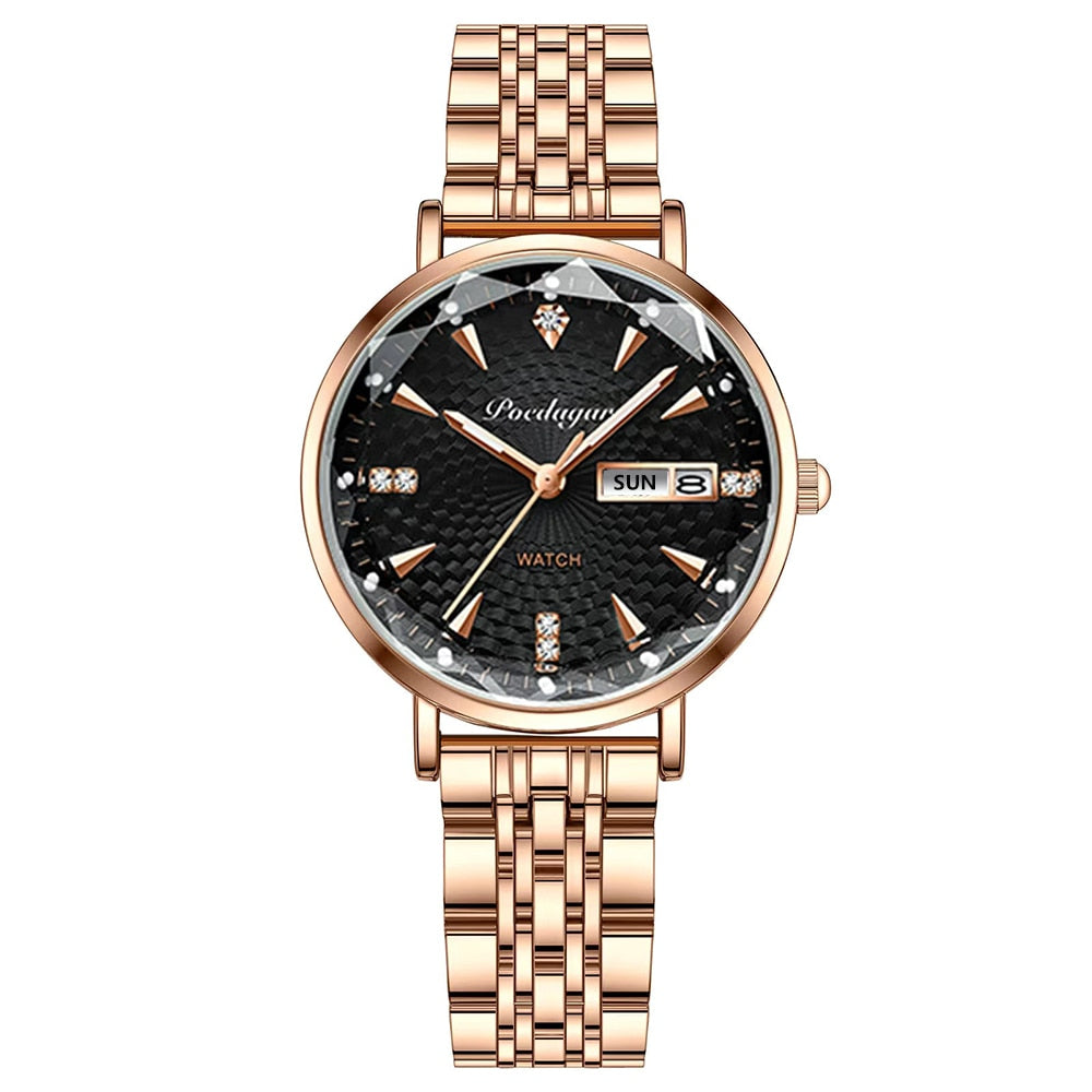 POEDAGAR Women's New Fashion Luxury Stainless Steel Bracelet Simple Rose Gold Waterproof Luminous  Watches