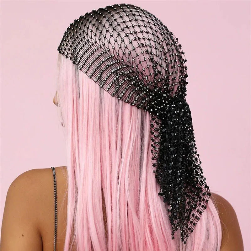 Fishnet Plaid Bling Rhinestone Women Head Scarf