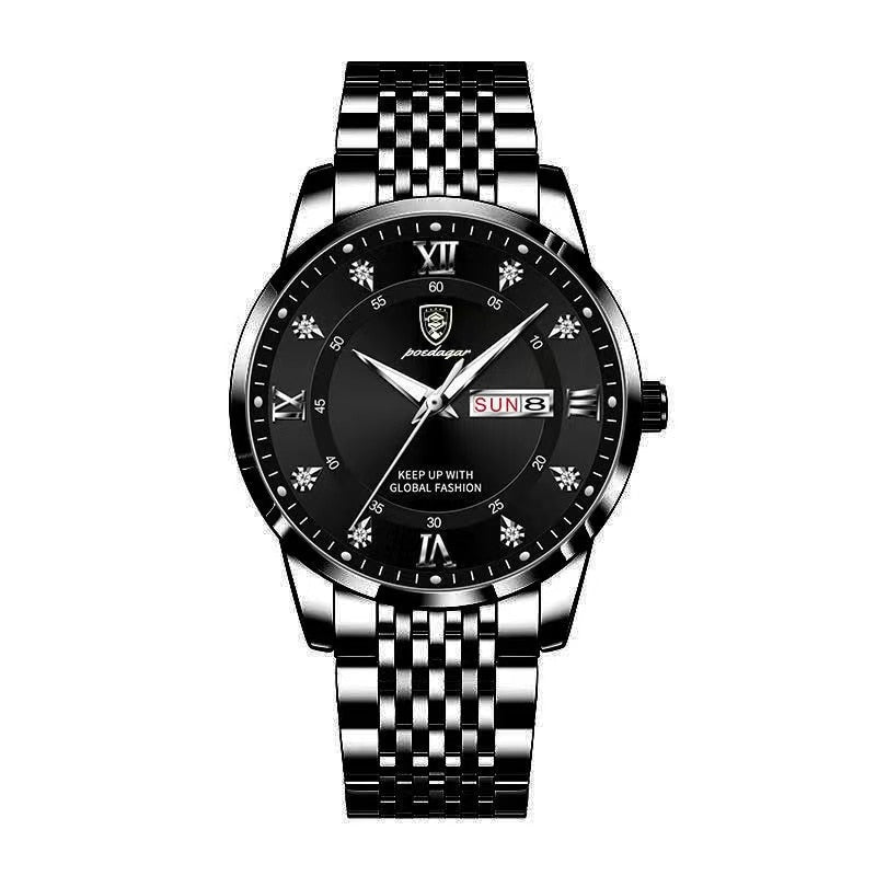 POEDAGAR Men's Stainless Steel Top Quailty Luxury Push Button Hidden Clasp Waterproof Luminous Date And Week Sport Wrist Watches