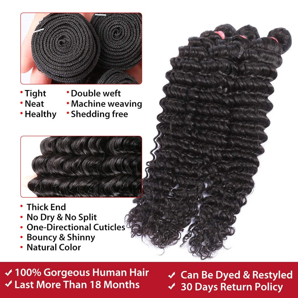 Rosabeauty Deep Wave 28 30 40 Inch 3 4 Bundles Brazilian Remy Hair 100% Natural  Water Wave Curly Human Hair Extensions