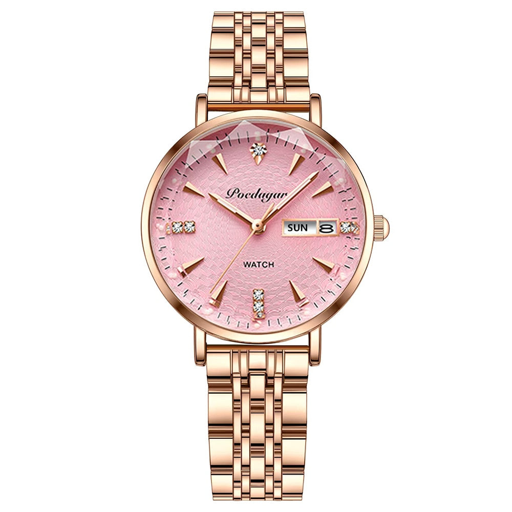 POEDAGAR Women's New Fashion Luxury Stainless Steel Bracelet Simple Rose Gold Waterproof Luminous  Watches