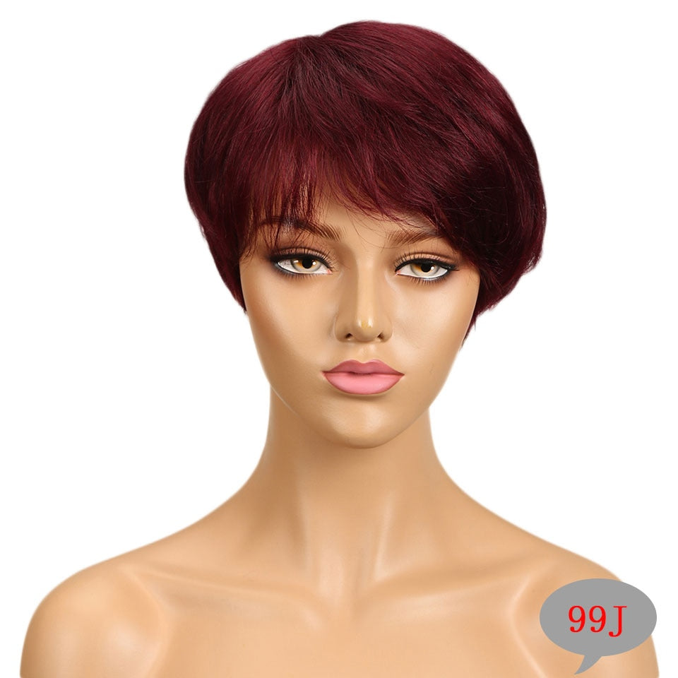 Trueme Short Straight Human Hair Pixie Cut Brazilian Ombre/ Brown/ Red/ Grey Wigs