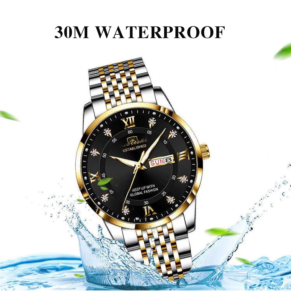 POEDAGAR Men's Stainless Steel Top Quailty Luxury Push Button Hidden Clasp Waterproof Luminous Date And Week Sport Wrist Watches