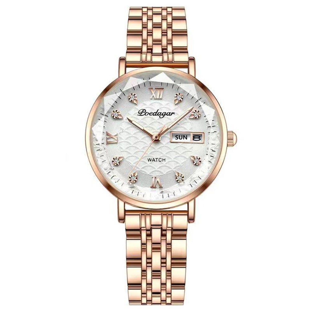 POEDAGAR Women's New Fashion Luxury Stainless Steel Bracelet Simple Rose Gold Waterproof Luminous  Watches