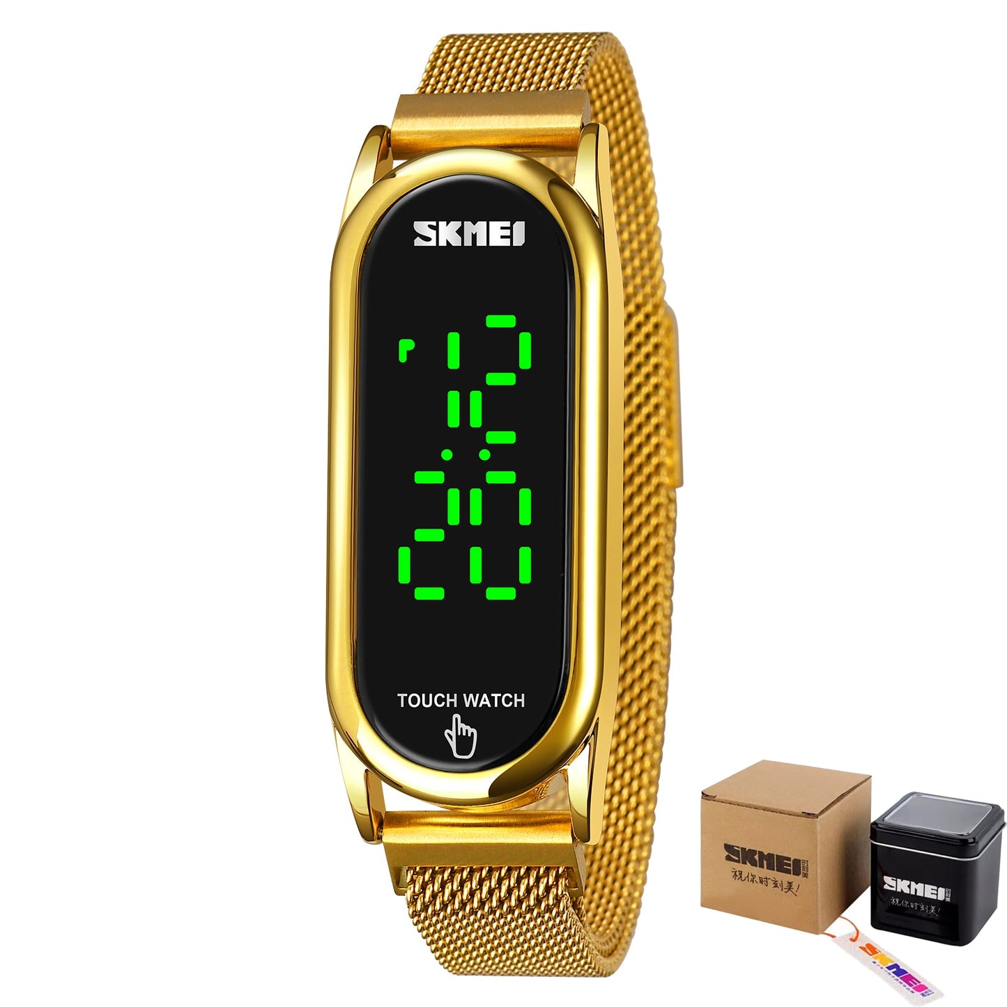 SKMEI Touch Screen Women Fashion Rosegold Mesh Belt LED Display Digit Elegant Magnet Buckle Bracelet Watches