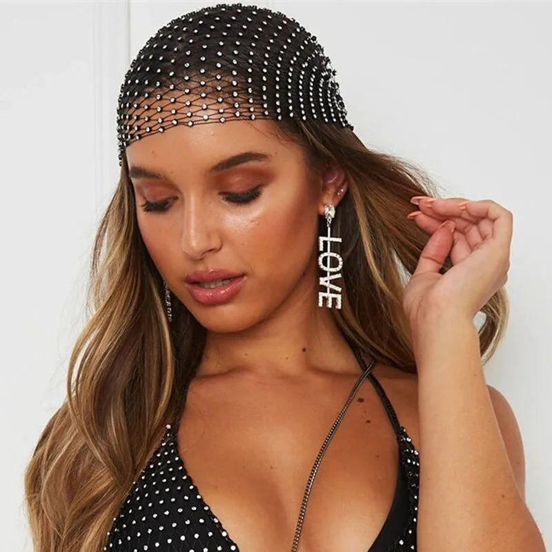 Fishnet Plaid Bling Rhinestone Women Head Scarf