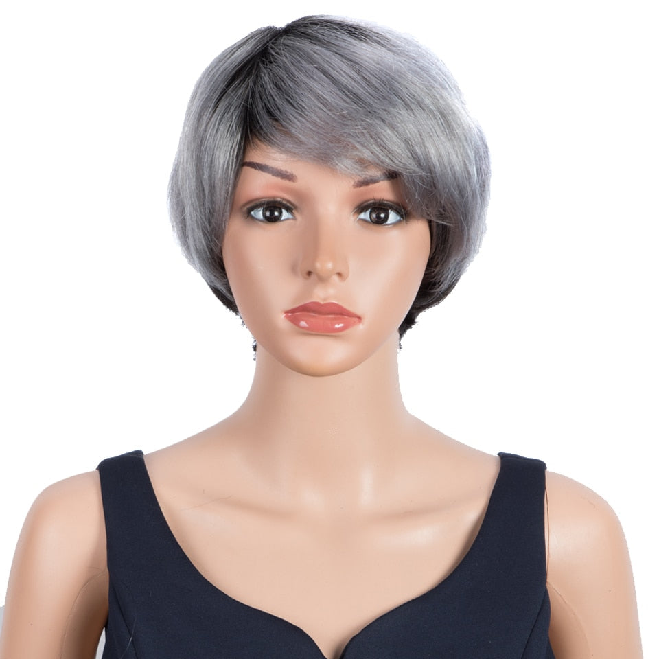 Trueme Short Straight Human Hair Pixie Cut Brazilian Ombre/ Brown/ Red/ Grey Wigs