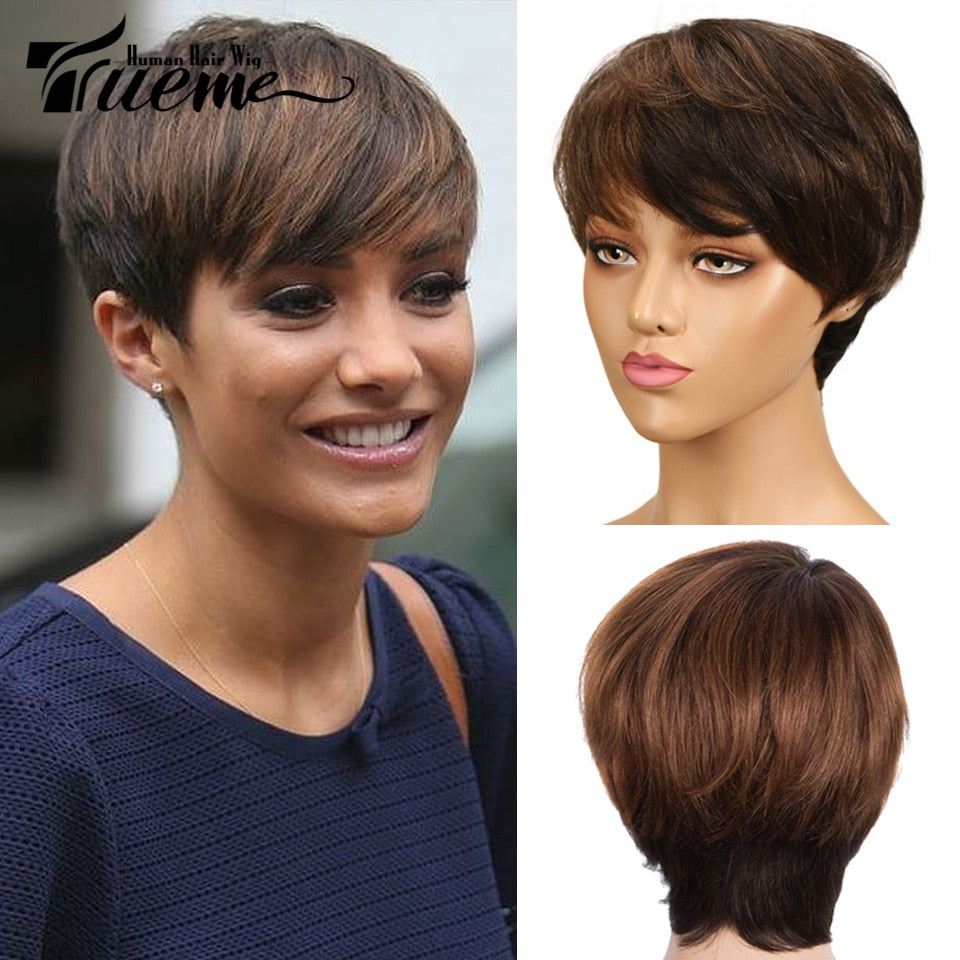 Trueme Short Straight Human Hair Pixie Cut Brazilian Ombre/ Brown/ Red/ Grey Wigs