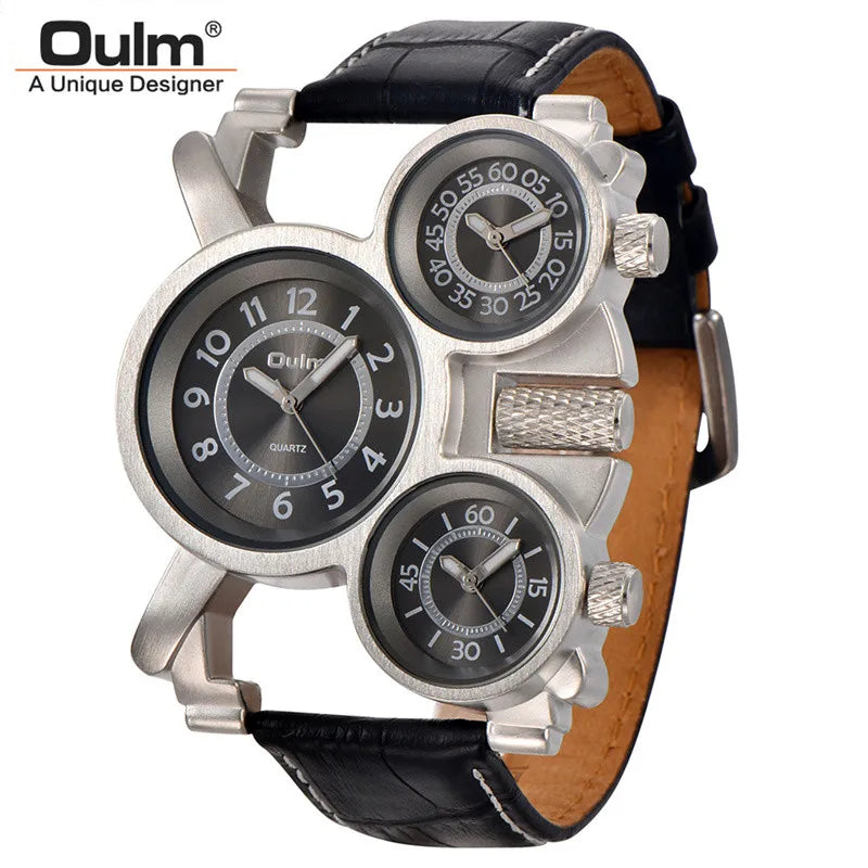 Oulm Three Time Zone Leather Strap Men's Watch