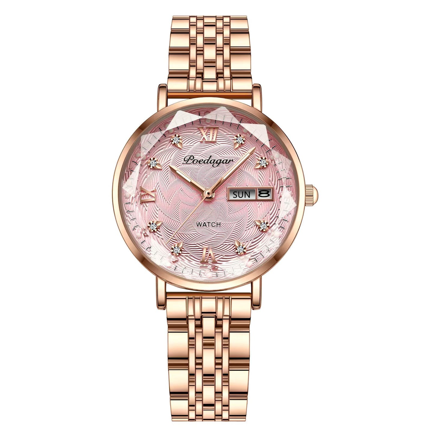 POEDAGAR Women's New Fashion Luxury Stainless Steel Bracelet Simple Rose Gold Waterproof Luminous  Watches