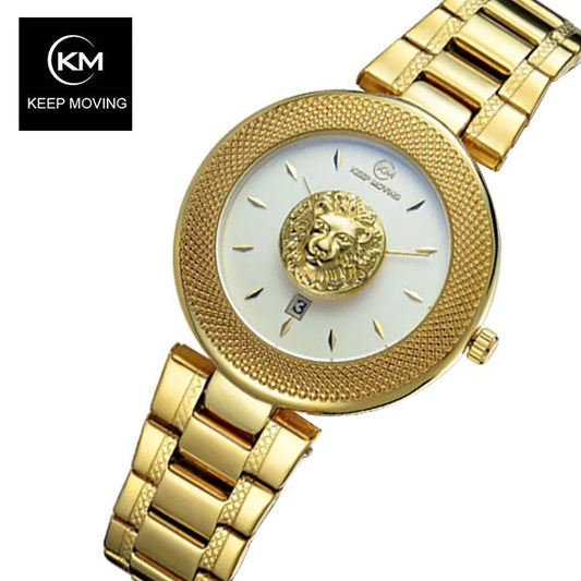 Keep Moving Lion Pattern Women's Stainless Steel Quartz Watch