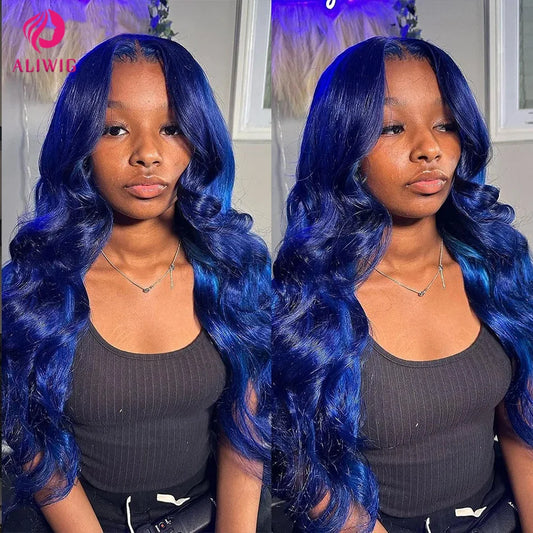 Dark Blue 13x4 Brazilian Body Wave Transparent Lace Frontal Pre Plucked Human Hair Wig