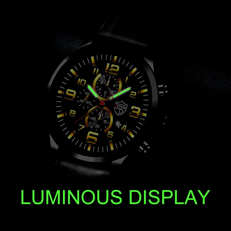 Men's Luminous Stainless Steel Leather Quartz Wrist Watch With Calendar Date And Casual Bracelet