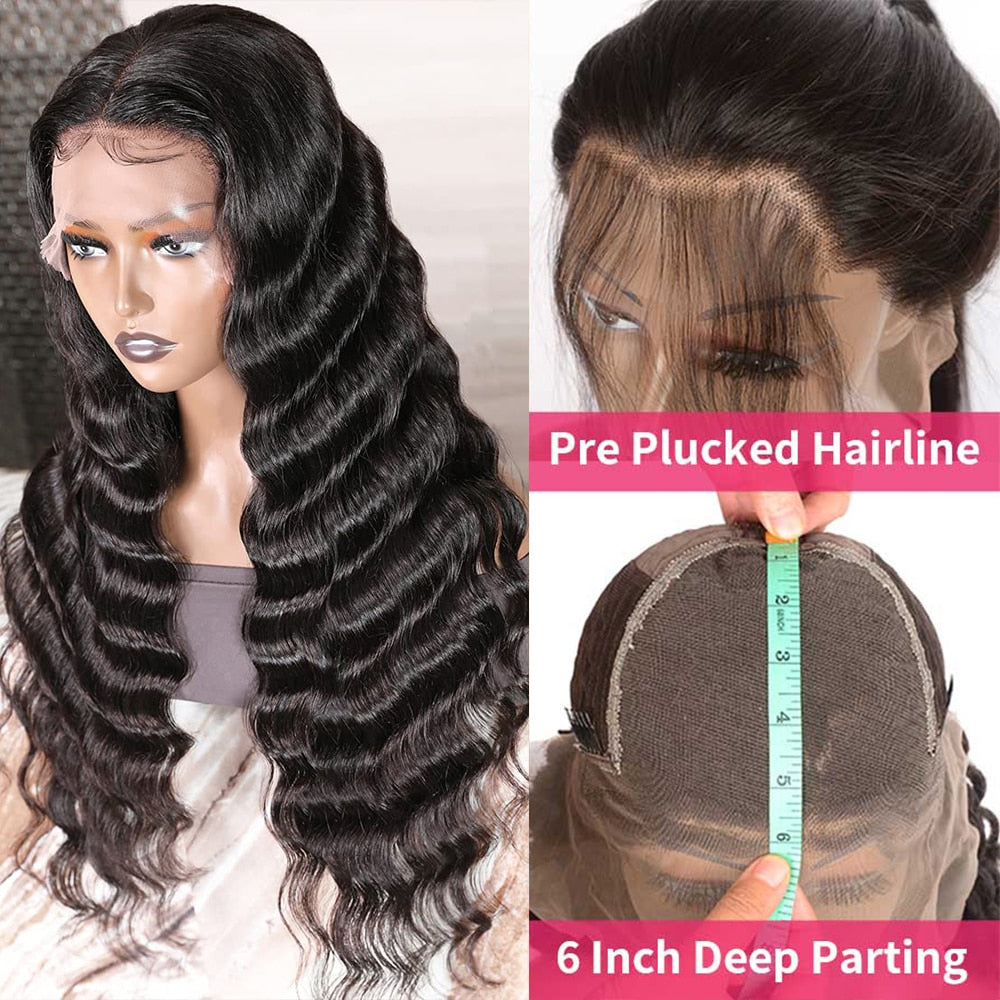 13x6 Loose Deep Wave 13x4 Transparent Lace Front Human Hair Pre Plucked 180% Loose Deep Curly Closure Wigs